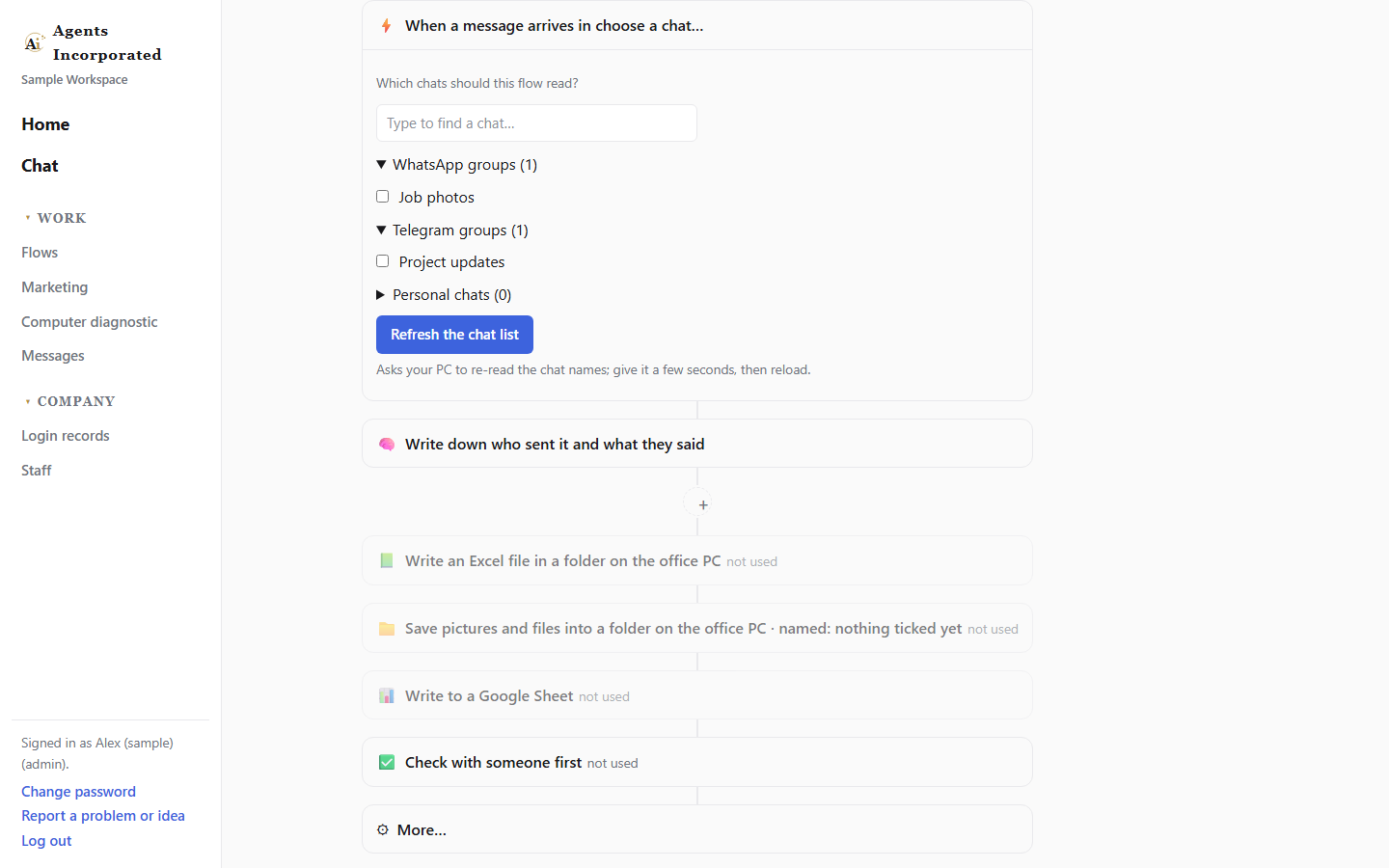 Flows screen showing WhatsApp and Telegram chat choices