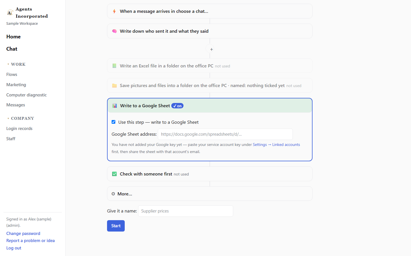 Flow showing a Google Sheet as the destination