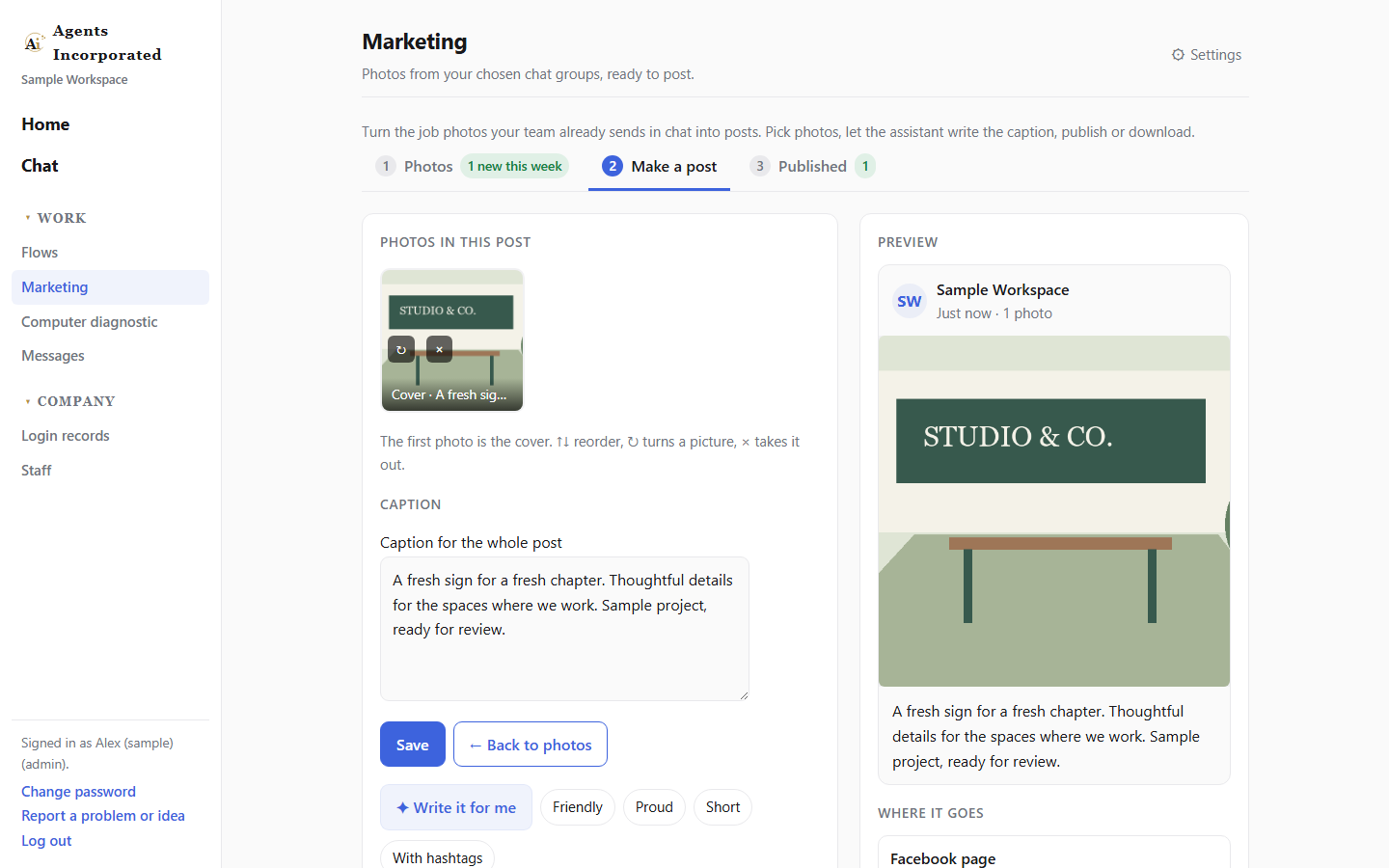 Marketing screen for drafting a post from a photo
